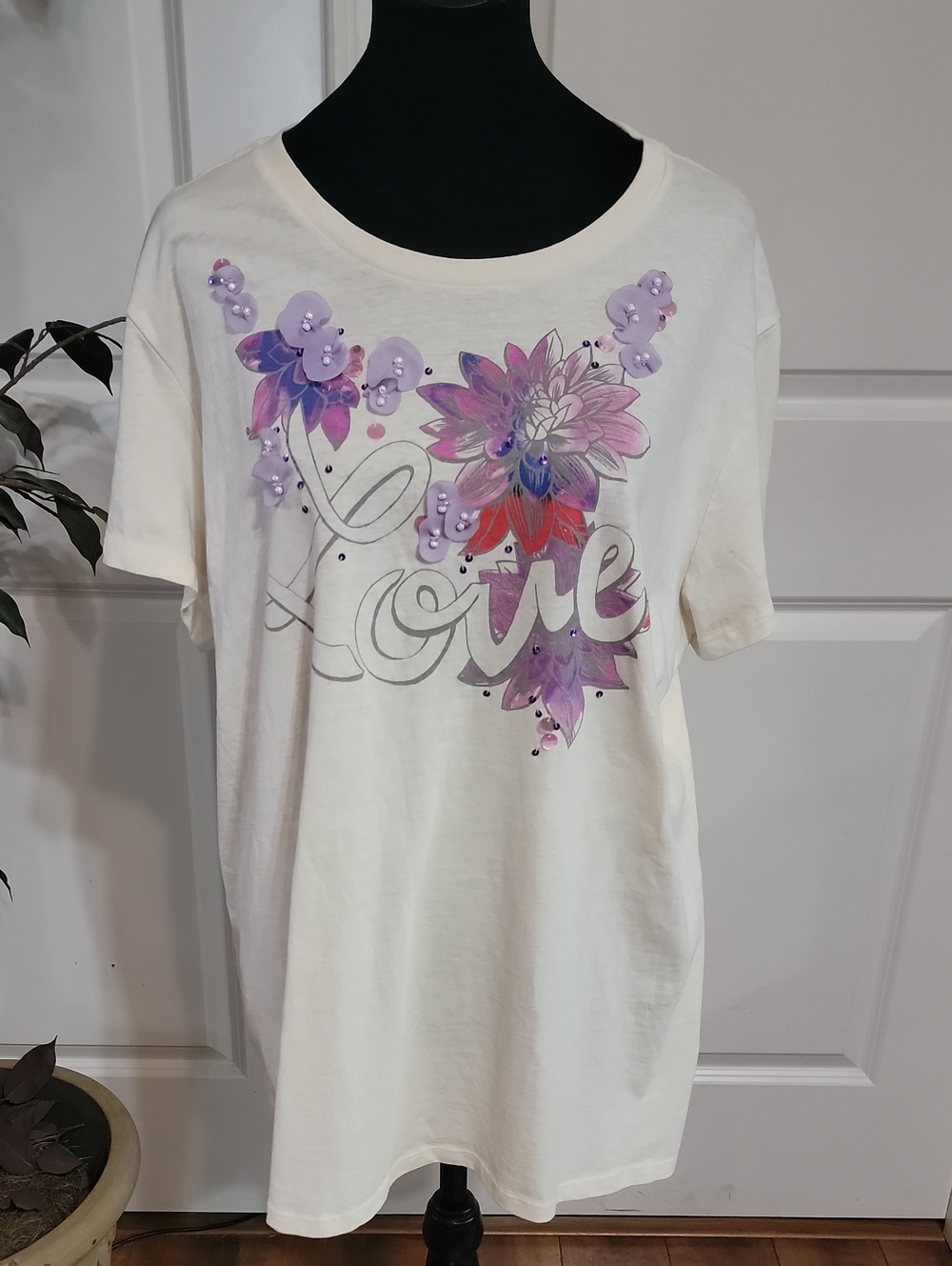 (#12) Old Navy Cream Short-Sleeve Tee with Purple and Pink Floral 'Love' Graphic